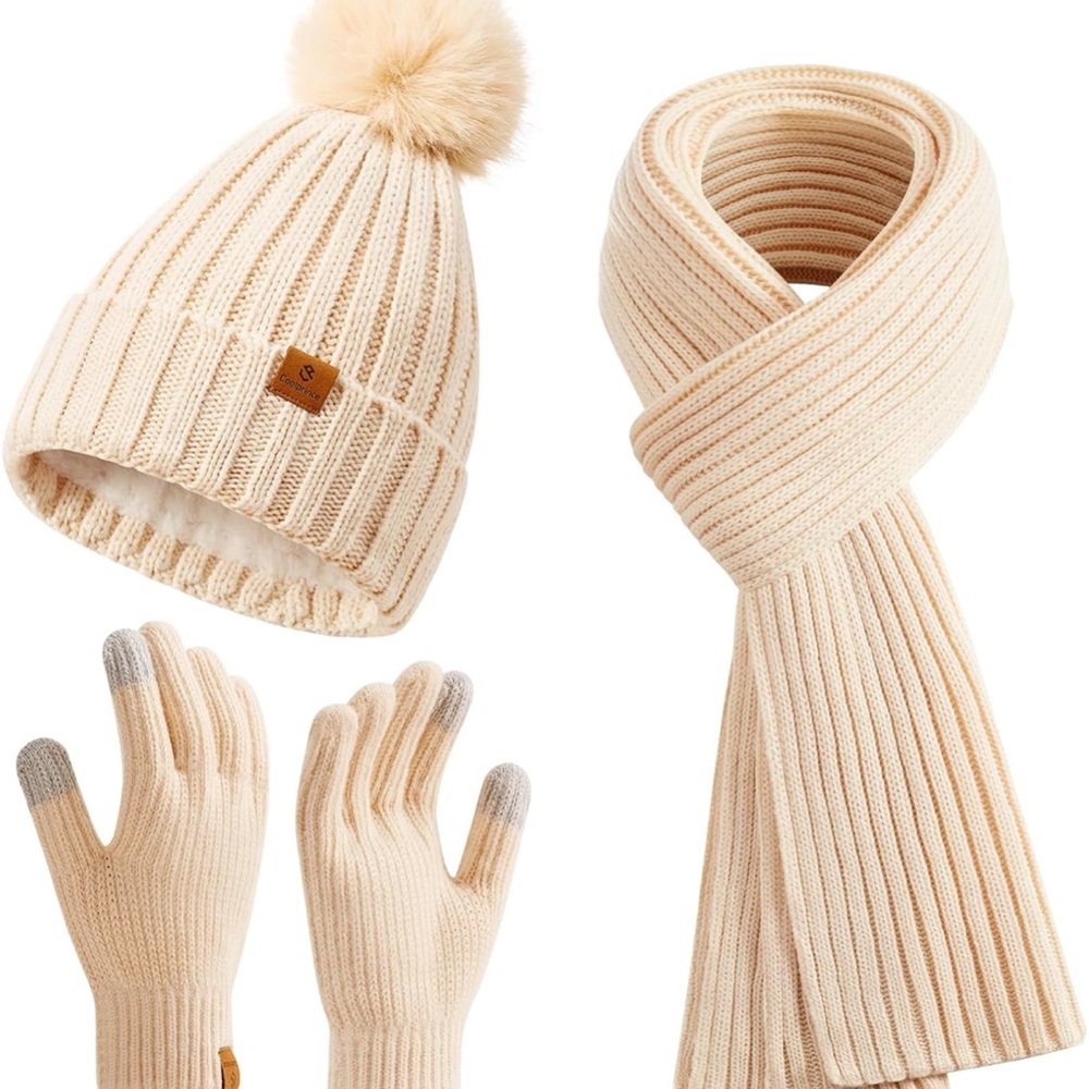 Coolprince Cozy Cream Knit Hat, Scarf, and Gloves Like New